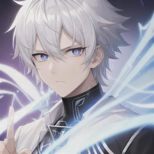 Prompt: Short scruffy white hair emotionless expression male white clothing white eyes white pupils lab coat time powers 19 years old superpower effects his fingertips controlling a school technology ultra high quality white aura 4k 16k movie cinematic graphic face close-up