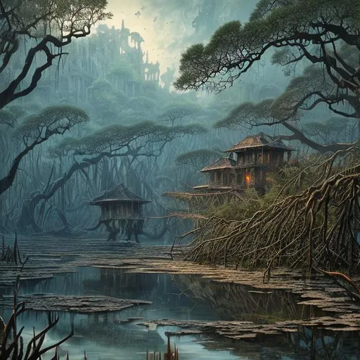 Prompt: Landscape painting, dark mangrove, ancient, sunken building, dull colors, danger, fantasy art, by Hiro Isono, by Luigi Spano, by John Stephens