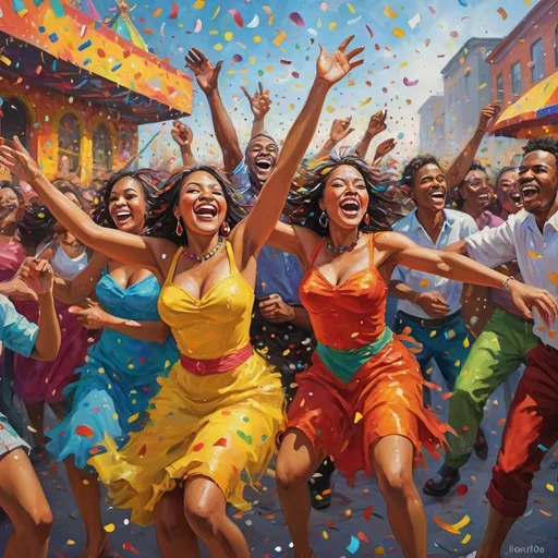 Prompt: Joyous celebration in a vibrant carnival, lively and colorful, oil painting, confetti-filled air, cheerful crowd, dynamic brushstrokes, high energy, festive atmosphere, vibrant colors, lively characters, dynamic composition, carnival art, oil painting, 4k, ultra-detailed, vibrant, dynamic brushstrokes, lively, festive, colorful, high energy, oil painting, dynamic composition