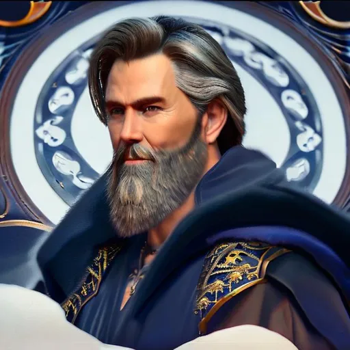 Prompt: fantasy portrait of middle-aged fantasy man mage, with greying brown hair, short beard, wearing navy coloured robes with runes on them, 8k resolution concept art portrait by Greg Rutkowski, Artgerm, WLOP, Alphonse Mucha dynamic lighting hyperdetailed intricately detailed Splash art trending on Artstation triadic colors Unreal Engine 5 volumetric lighting