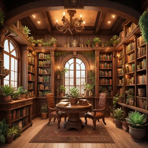 Prompt: Fantasy-style wooden library filled with history and fantasy books, shelves adorned with succulent pots, rich and warm color tones, magical lighting, detailed wood textures, high quality, fantasy, detailed book covers, cozy atmosphere, whimsical, enchanting, warm lighting, detailed plants, atmospheric lighting