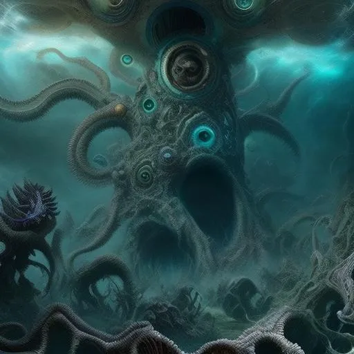 Prompt: From the depths of the sea emerges the great cosmic horror, detailed scene, digital painting, hyperrealistic, fantasy, Surrealist, by Ciro Marchetti and Stanley Artgrem Lau, artstation, highly detailed, sharp focus, wide angle shot, sci-fi, stunningly beautiful, dystopian, black, deep green, cinematic lighting, dark