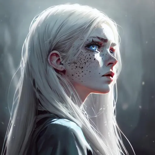 Prompt: a young woman, turned sideways to the beholder, white long hair, bright blue eyes, lips pursed, freckles on her cheeks, sad look, side view, hyper-realistic, dark dress, dark cinematic lighting, detailed face, digital painting, movie poster style