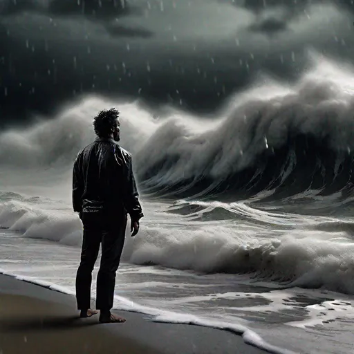 Prompt: a man alone on a  beach facing a sea battered by furious winds and torrential rain. black sky, a man alone on a  beach facing a sea the man  stares at the wave with determination, standing tall .Ahead of him looms a raging sea, with giant waves crashing onto the shore.  the man  stares at the raging ocean .  . His hair and clothes are savagely battered by the storm rain . He takes a step forward, struggling against the force of the wind, his eyes riveted on the crashing waves  , The waves reach insane heights  the wave rises in front of the man, . The wave crashes in, bursting with destructive force.  , The sky is black, , gigantesc storm, ,realistic photo, high quality 4K,  
 