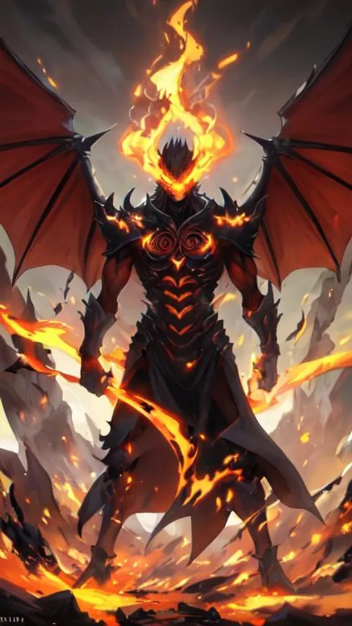 Prompt: Epic demon standing there menacingly. Covered in flames looking down on us centered on the page