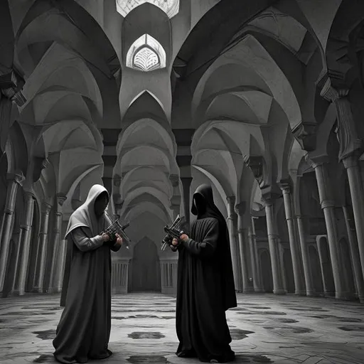Prompt: 
Two threatening  angels with hoods and a threatening posture and stance pray outside of a masjid pointing both of their guns at me in the style of Escher and Hieronymus Bosch, paranormal, black and white, ultra realistic,  Unreal Engine 5, Cinematic, Editorial Photography, Photography, Photoshoot, Shot on 70mm lense, Depth of Field, Doff, Tilt Blur, Shutter Speed 1/1000, F/22, 32k, Super-Resolution, Megapixel, ProPhoto RGB, VR, tall, epic, artgerm, Halfrear Lighting, Backlight, Natural Lighting, Incandescent, Optical Fiber, Moody Lighting, Cinematic Lighting, Studio Lighting, Soft Lighting, Volumetric, Contre-Jour, dark Lighting, Accent Lighting, Global Illumination, Screen Space Global Illumination, Ray Tracing Global Illumination, Red Rim light, cool color grading 45%, Optics, Scattering, Glowing, Shadows, Rough,  Ray Tracing Ambient Occlusion, Anti-Aliasing, FKAA, TXAA, RTX, SSAO, Shaders, OpenGL-Shaders, GLSL-Shaders, Post Processing, Post-Production, Cel Shading, Tone Mapping, CGI, VFX, SFX, insanely detailed and intricate, hypermaximalist, elegant, hyper realistic, super detailed, dynamic pose, centered, photography, --v 4 --v 4