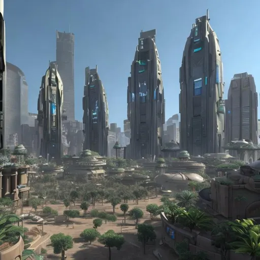 Prompt: Coruscant in futuristic South Africa with lot of plants 