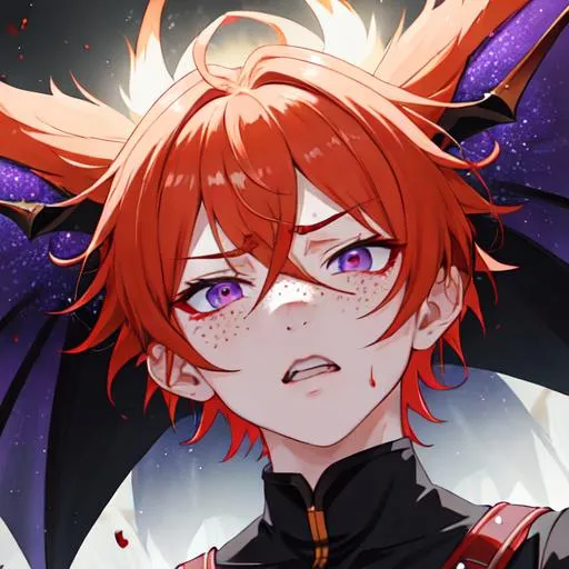 Prompt: Erikku male adult (short ginger hair, freckles, right eye blue left eye purple) UHD, 8K, Highly detailed, insane detail, best quality, high quality,  anime style, in purgatory, angry, fighting, covered in blood