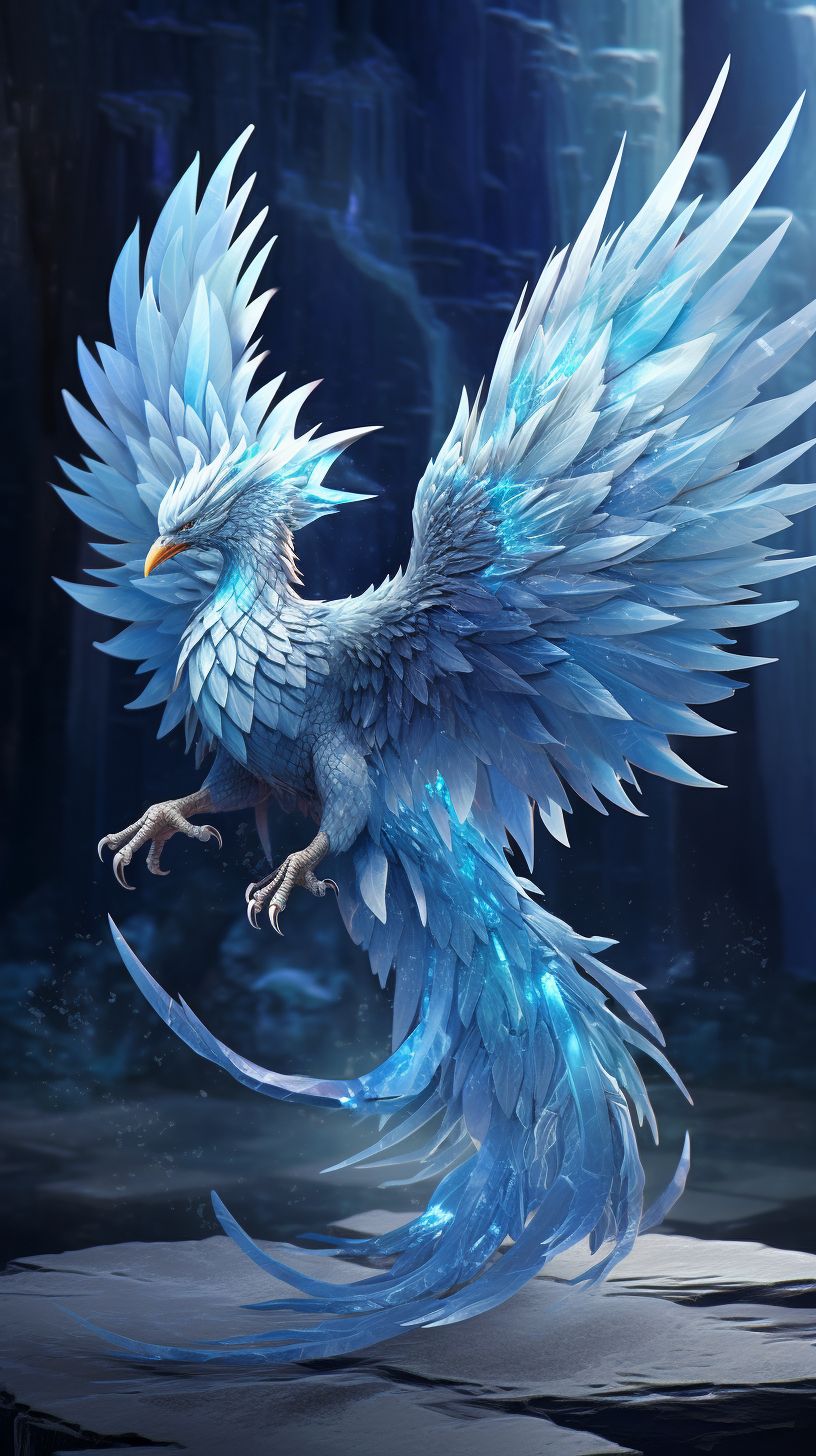 Prompt: a beautiful ice phoenix, with a tail made of ice and wings made of blue crystals, it's eyes are two diamonds of ice, it's legs are made of sculpted ice and it's talons look long and dangerous --v 5.2 --ar 9:16