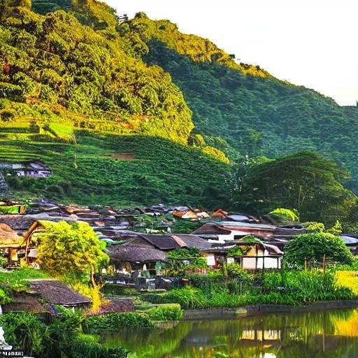 Prompt: As the sun begins its descent, casting a warm golden glow across the landscape, the rhythmic sounds of rustling leaves and flowing water create a symphony of tranquility. Lush greenery envelops the village, providing a verdant backdrop against which the village's modest huts and thatched roofs come alive.