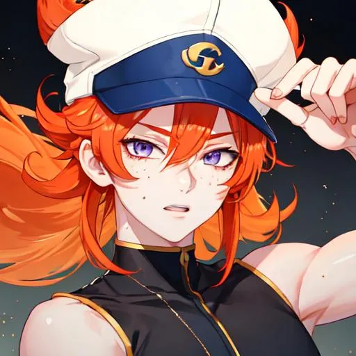 Prompt: Erikku male (short ginger hair, freckles, right eye blue left eye purple) muscular, UHD, 8K, Highly detailed, insane detail, best quality, high quality. wearing a sideways baseball cap, holding money