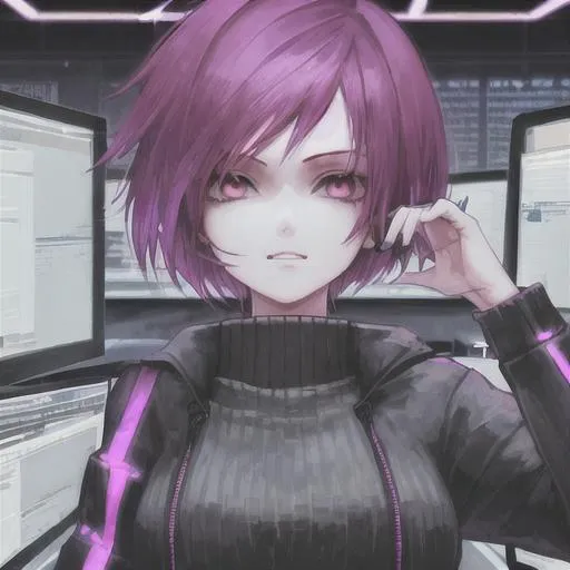 Prompt: hacker girl with short white hair at computer