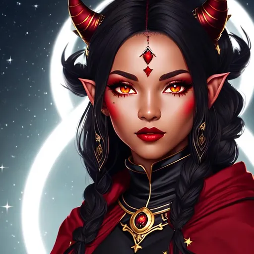 Prompt: half body portrait, female , tiefling, red skin, (( dark red skin:0.6)), detailed face, detailed golden eyes, full eyelashes, alien eyes with stars, ultra detailed accessories, detailed interior, tavern background, black cloak, black hood, black witch robes with white undershirt and stars, white curly hair, short hair with side braid, bangs, dnd, artwork, dark fantasy, tavern interior, looking outside from a window, inspired by D&D, concept art, night time, ((looking away from viewer:0.3))