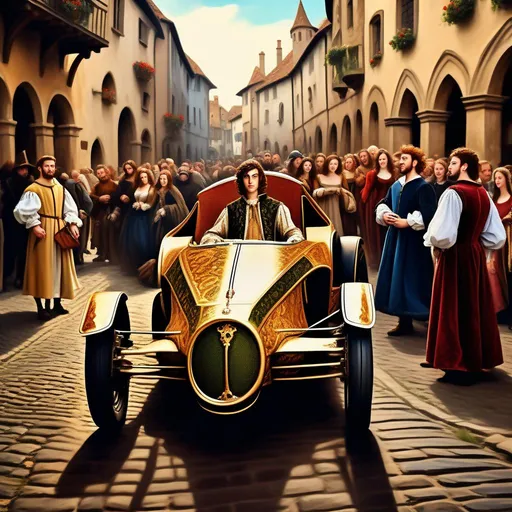 Prompt: Handsome young and rich medieval man, dressed in brocate, driving a luxurious sportscar in a crowded medieval street, some people dressed in Renaissance clothes taking photos, oil painting, early 16th century.