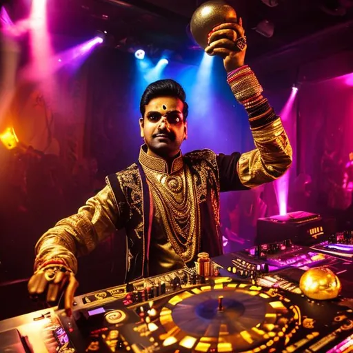 Prompt: An indian dj prince, holding a bronze goblet in one hand and disk scratching with the other. 