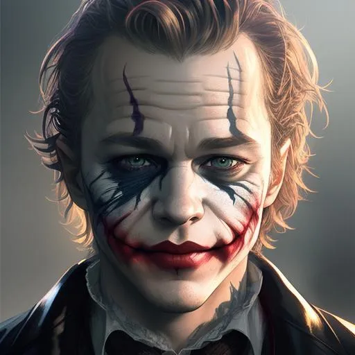 Prompt: Heath ledger as the joker, captured in a detailed 8k resolution render with dynamic lighting and intricate details. Created by renowned artists Greg Rutkowski, Artgerm, and WLOP, the artwork features triadic colors and was made using Unreal Engine 5. It is currently trending on Artstation as a hyperdetailed and intricately detailed splash art.
