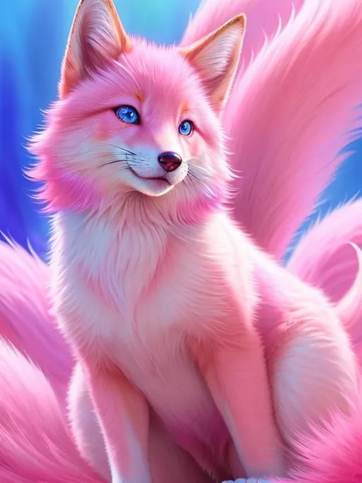 Prompt: pink fox, realistic, epic oil painting, pastel colors, large round blue eyes, hyper detailed eyes, (hyper real), furry, (hyper detailed), photorealism, extremely beautiful, (on back), sprawled, paws in the air, playful, UHD, studio lighting, best quality, professional, extremely beautiful, glistening pink fur, highly saturated colors, thick oil texture, masterpiece, ray tracing, 8k eyes, 8k, highly detailed, highly detailed fur, hyper realistic thick fur, (high quality fur), fluffy, fuzzy, cute fangs, open mouth,  full body shot, rear view, hyper detailed eyes, perfect composition, realistic fur, fox nose, highly detailed mouth, realism, ray tracing, soft lighting, studio lighting, masterpiece, trending, instagram, artstation, deviantart, best art, best photograph, unreal engine, high octane, cute, adorable smile, lazy, peaceful, (highly detailed background), vivid, vibrant, intricate facial detail, incredibly sharp detailed eyes, incredibly realistic fur, concept art, anne stokes, yuino chiri, character reveal, extremely detailed fur, sapphire sky, complementary colors, golden ratio, rich shading, vivid colors, high saturation colors, nintendo, pokemon, silver light beams