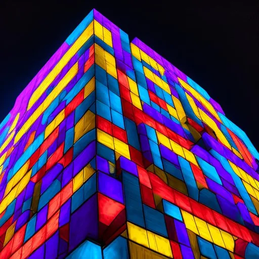 Prompt: tetris building at night