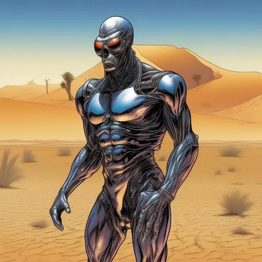 Prompt: A futuristic image of an African Terminator emerging from the sands of the Sahara desert. Its heat-resistant outer shell reflects the scorching sun, while its eyes glow with an intense determination, mirroring the resilience of the arid landscape.
 illustrated in color  by Grant Morrison 