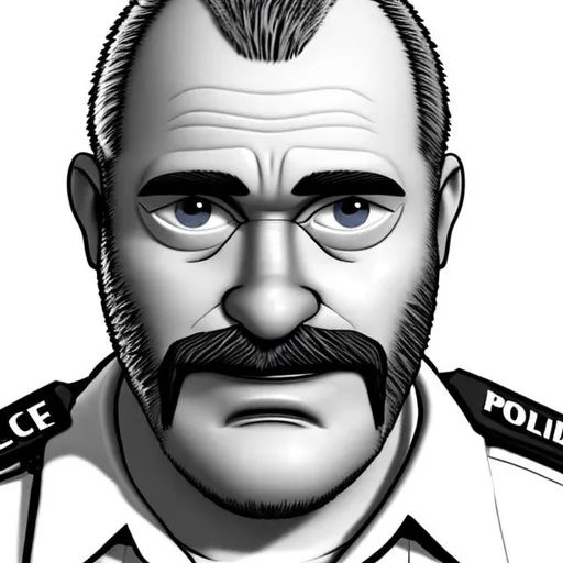 Prompt: Much older police officer (mid 40’s), dark beard and balding head, realistic cartoon style