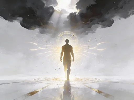 Prompt: Using the same visual style, framing, and mythic tone as the reference image:
Create a wide cinematic illustration for a mobile app header, horizontal 3:1 ratio.

The hero stands fully transformed, grounded, and whole — no longer in struggle, but not elevated above the world.

Replace literal wings with symbolic energy or light forms:

subtle radiant arcs

flowing light patterns

fractured halo-like geometry behind the hero
These should suggest expansion and integration, not angelic flight.

The hero’s feet remain firmly on the ground, emphasizing embodiment and return to form.

The hero’s journey wheel or clock is extremely faint — barely visible as a soft circular glow behind the hero or in the environment — incomplete, hinting that the journey is not finished yet.

Light surrounds the hero but does not overpower them. The hero is calm, steady, and present.

Color palette is luminous but restrained: soft golds, whites, and neutral tones.

Mood is resurrection, integration, embodiment, and quiet power.
Cinematic lighting, mythic scale, painterly texture.

No text, no letters, no logos, no watermark, no interface elements.