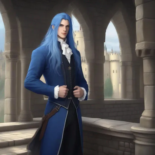 Prompt: male, realistic, long blue hair, blue eyes, inside of castle, daytime, neutral colors, butler, medieval, high definition, professional