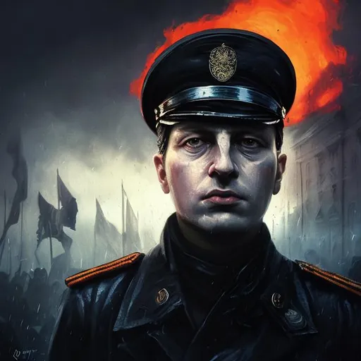 Prompt: Dmitry Timofeyevich Yazov, black flag waving behind, face centered portrait, confident, fog, rain, smokes from fire on background, volumetric lighting, light particles floating near him, illustration, perfectly shaded, soft painting, parade black clothes, black latex gloves, parade black peaked cap, parade black jacket, square face, medium sized nose, european, Soviet officer, colorful photo, Soviet Union stalin propaganda like style.