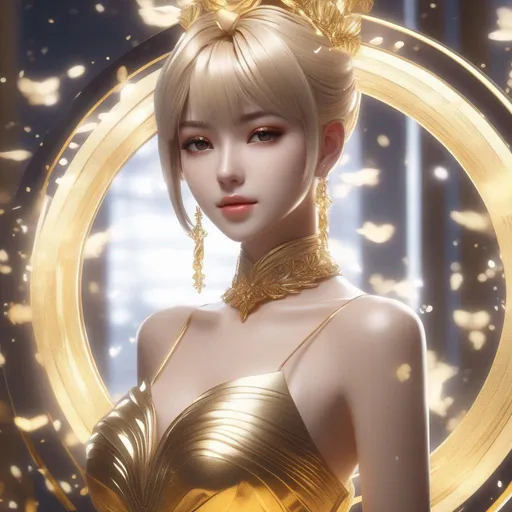 Prompt: 3d anime woman gold short hair hair and gold dress dress gold glitter pale skin deity and beautiful pretty art 4k full HD