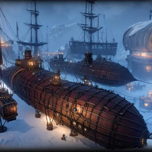 Prompt: steampunk airship village frostpunk  8k HDDR