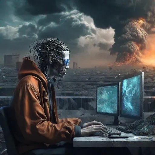 Prompt: A genius hacker ,talks to AI ,background are natural disasters , concept art, apocalypse,