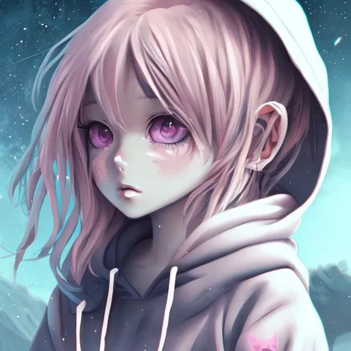 Prompt: anime girl with black hoodie, light faded pink hair, brown eyes, sad blue scenery, extreme detail. animated, beautiful young girl