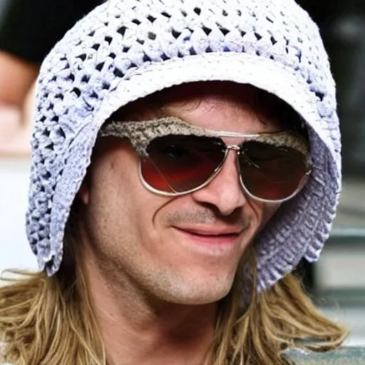 Prompt:  Very famous celebrity wearing a crochet bucket hat made by Taavi Mäkelä