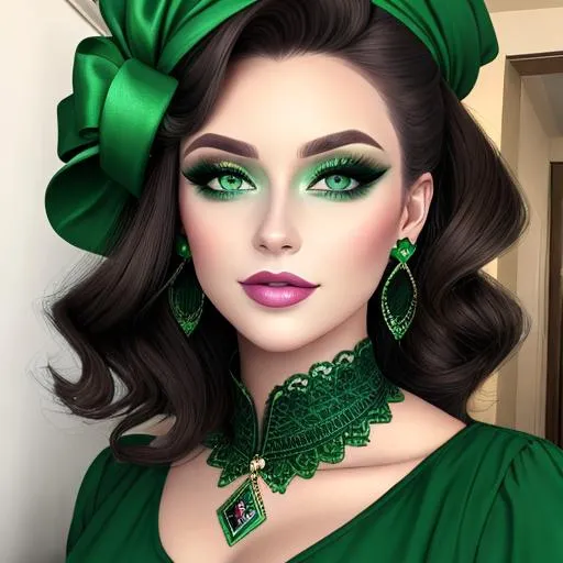 Prompt: A woman all in green, green eyes, pretty makeup