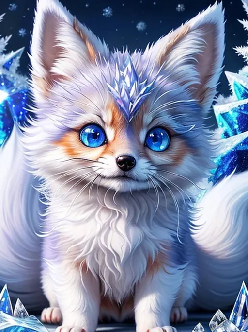 Prompt: (masterpiece, professional oil painting, epic digital art, best quality:1.5), insanely beautiful tiny ((fox kit)), (canine quadruped), ice elemental, silky silver-blue fur covered in frost, timid, ((insanely detailed alert crystal blue eyes, sharp focus eyes)), gorgeous 8k eyes, fluffy silver neck ruff covered in frost, two tails, (plump), fluffy chest, enchanted, magical, finely detailed fur, hyper detailed fur, (soft silky insanely detailed fur), presenting magical jewel, moonlight beaming through clouds, lying in frosted meadow, grassy field covered in frost, cool colors, professional, symmetric, golden ratio, unreal engine, depth, volumetric lighting, rich oil medium, (brilliant auroras), (ice storm), full body focus, beautifully detailed background, cinematic, 64K, UHD, intricate detail, high quality, high detail, masterpiece, intricate facial detail, high quality, detailed face, intricate quality, intricate eye detail, highly detailed, high resolution scan, intricate detailed, highly detailed face, very detailed, high resolution