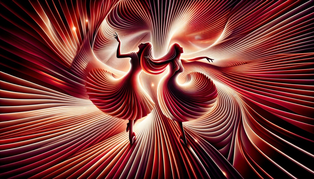 Prompt: Illustration where two women dance gracefully, with the surrounding lights bending and twisting in optical illusion patterns. The atmosphere is filled with rich crimson and amber tones.