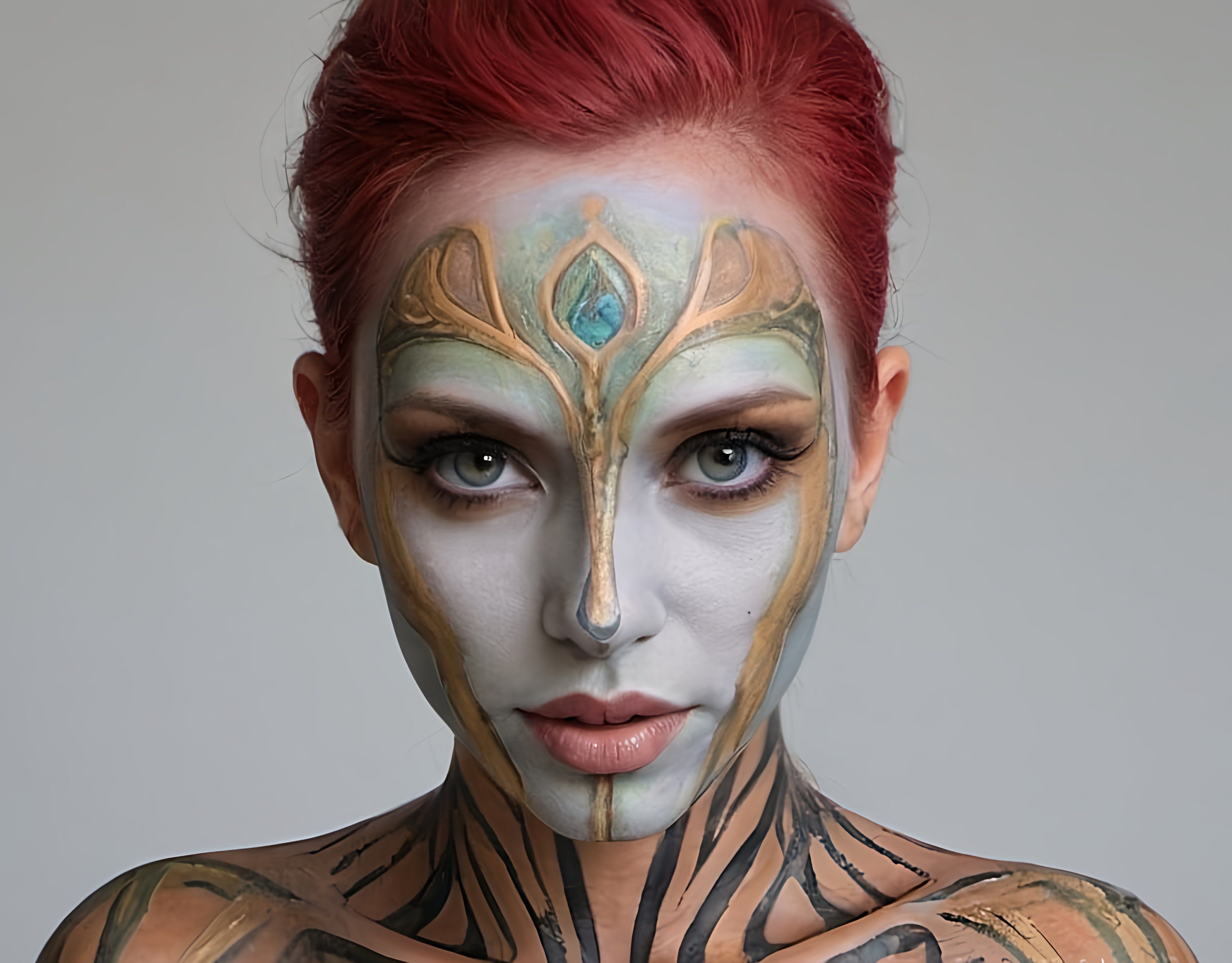 Prompt: a woman with a face painted, with a white background, fantasy style