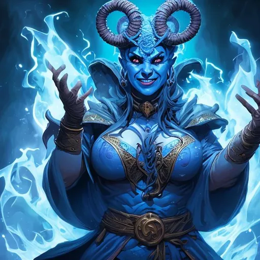 Prompt: Thick, female, tiefling dnd mage, casting spell with hands, smiling, blue skin, intricate robe, beautiful face, action pose, dynamic colors, dynamic shadows, dynamic lighting, geoff johns, jason fabok, jason fabok, brad anderson, splash art
