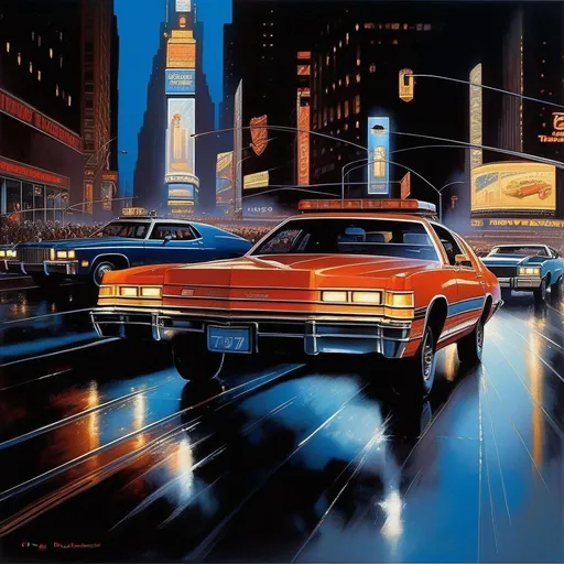 Prompt: Driver Parallel, car chase, late 70's, Times Square, New York City at night, realistic, warm blue atmosphere, extremely detailed painting by Greg Rutkowski and by Henry Justice Ford and by Steve Henderson