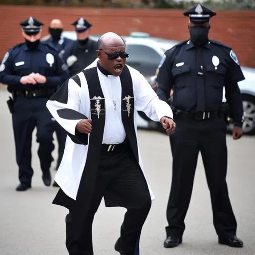 Prompt: an angry black police chief dressed as a priest
