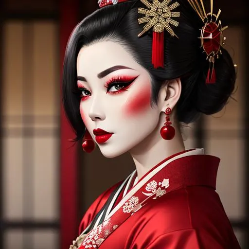 Prompt: Ruby lady-a geisha all in red, full face, elegant, facial closeup