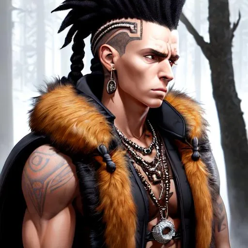 Prompt: portrait of a (young handsome tribal sorcerer in a sleeveless fur jacket, with arcane tattos and a black braided mohawk) , forest hut background, D&D setting, detailed face, smooth, perfect composition, hyperrealistic, super detailed, 8k, high quality, trending art, trending on artstation, sharp focus, studio photo, intricate details, highly detailed, by matte digital illustration, by koyorin, donato giancola, pixiv