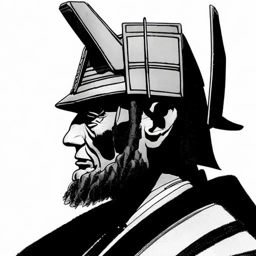 Prompt: side view profile Abraham Lincoln in a Samurai armor helmet with ear flaps  logo silhouette black on white Frank Miller style