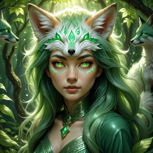 Prompt: Female human kitsune, striking green human face with elegant fox-like features, mystical aura, intricately detailed with vibrant emerald tones, glowing ethereal eyes, enchanting expression, lush forest background, soft dappled sunlight filtering through leaves, captivating and whimsical atmosphere, ultra-detailed style, fantasy theme, magical essence, high-resolution 4K image.