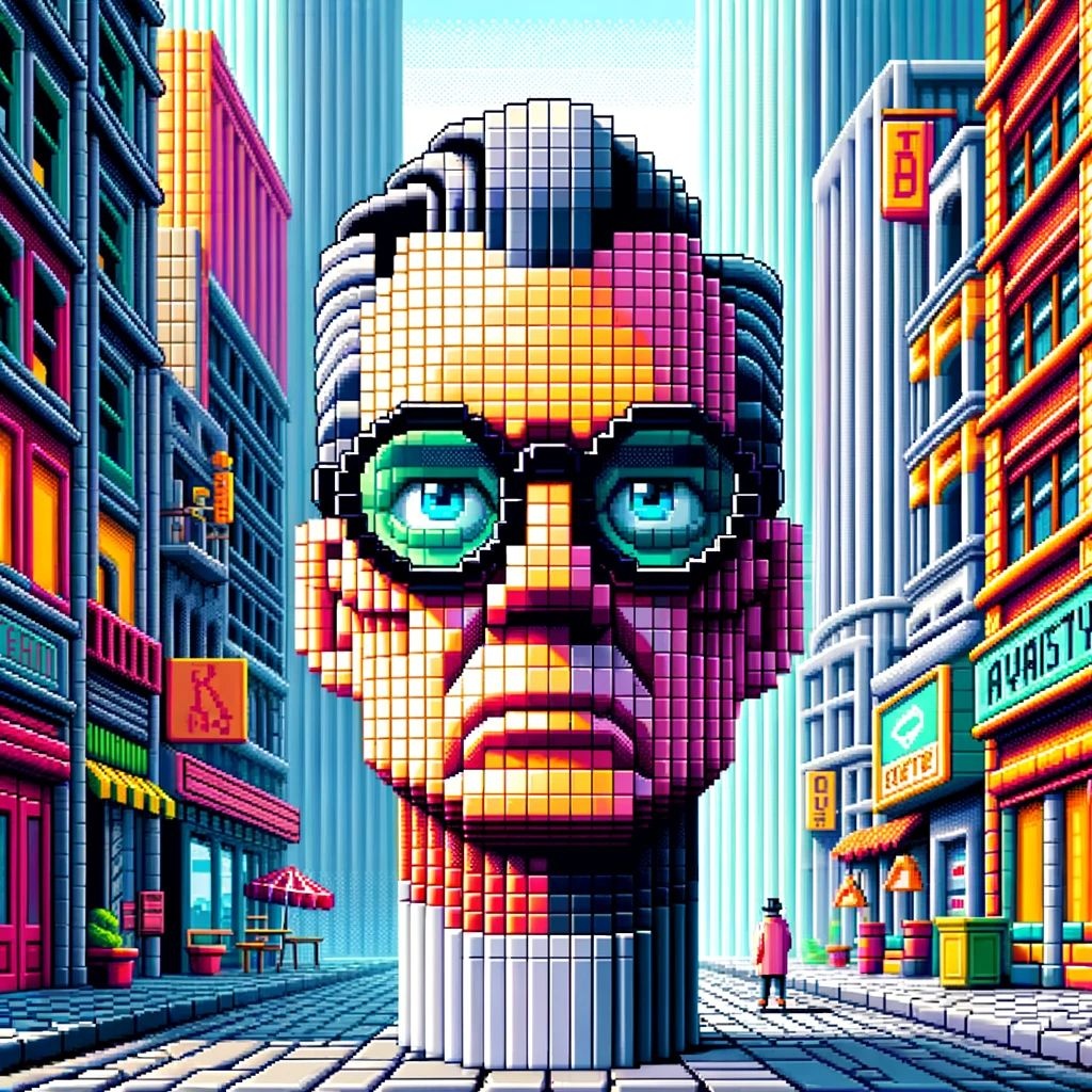 Prompt: a face or cartoon in pixel art, with a man in glasses, in the style of rendered in cinema4d, vibrant urban scenes, bold color blocks, rendered in unreal engine, columns and totems, inventive character designs, vacation dadcore in square ratio