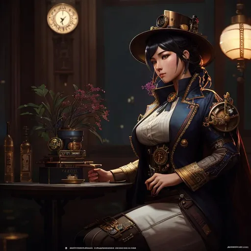 Prompt: steampunk asian, highly detailed, digital painting, artstation, hyperrealistic, sharp focus, illustration, art by artgerm and greg rutkowski and alphonse mucha, 8k, pretty eyes, award-winning cgi, blender, headshot