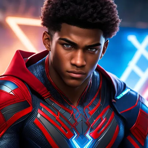 Prompt: High resolution hyperrealistic dynamic image of young avenger eli-bradley merged with miles-morales, symmetrical detailed photorealistic face, red and white and blue costume highly detailed, cinematic, uhd, hdr, 64k