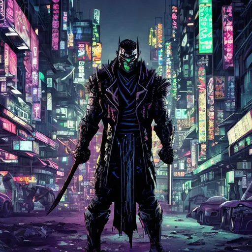 Prompt: Original villain.  Brawn. Sinister. Unique.. quirky. Magic. Axe. Very Dark image with lots of shadows. Background partially destroyed neo Tokyo. Noir anime. Gritty. Dirty. Black with random neon accents. Holographic armour. Bionic enhancements. 