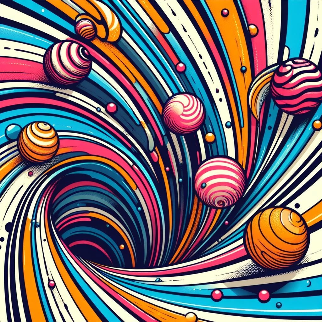 Prompt: striped color vector balls getting sucked down in the swirling vector whirlpool