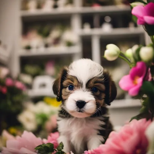 Prompt: A cute little puppy in a boutique of flowers looking at the camera 
