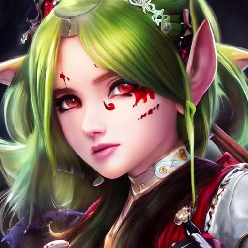 Prompt: UHD, , 8k,  oil painting, hyper realism, Very detailed, zoomed out view of character, cute girl with wolf ears wearing green mini skirt with cloth shirt long brown hair with green streak with a scythe with blood on it